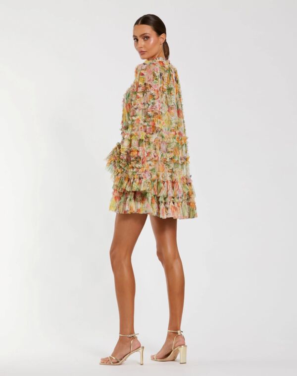 Mac Duggal 8300 Bell Sleeve Floral A-Line Ruffle Short Dress