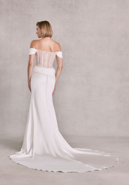 Mori Lee 15105 Saylor Off-The-Shoulder Cowl Illusion Back Bridal Gown