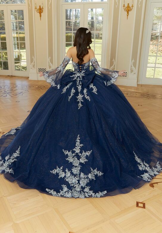 Mori Lee 34112 Bell Sleeve Plunging Neck Quince Dress