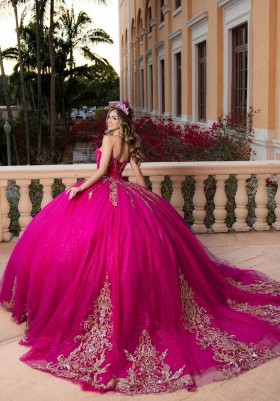 Mori Lee 4080044 Cecilia Beaded Ruched Bodice Fuchsia Gold Quince Gown