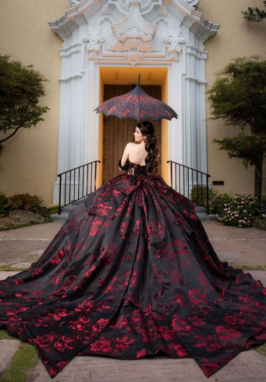 Mori Lee 4080047 Carmela Black Red Plunging Neck Quinceanera Dress