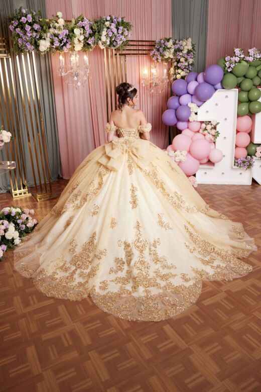 Mori Lee 89520 Petal Train Off-The-Shoulder Pannier Skirt Dress
