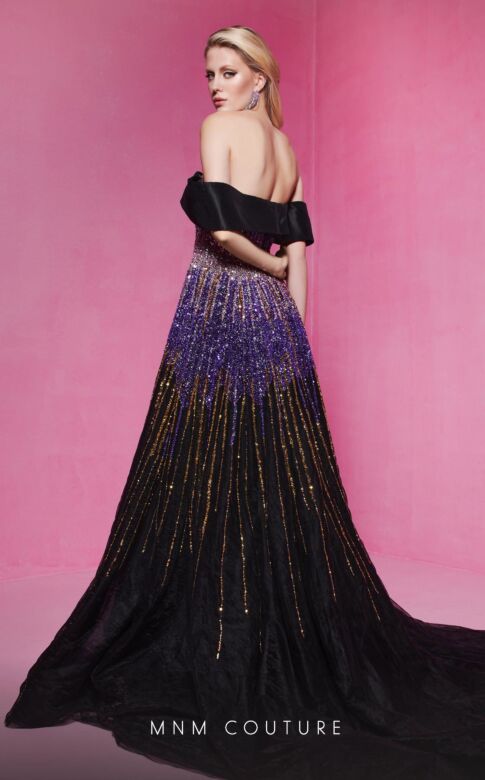MNM Couture B1009 Long Train Off The Shoulder Embellished Dress