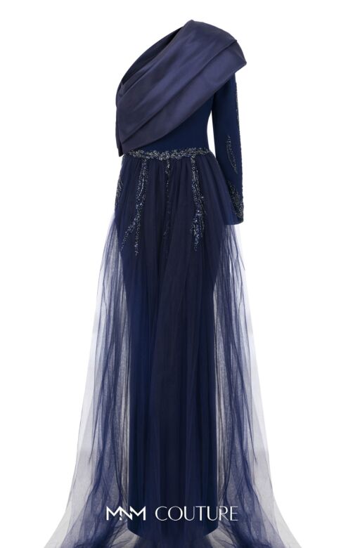 MNM Couture B1125 Pleated Asymmetric Neck Tulle Overskirt Dress