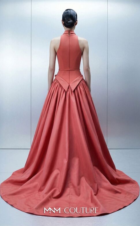 MNM Couture E0163 Plunging Halter Neck Taffeta Coral Dress