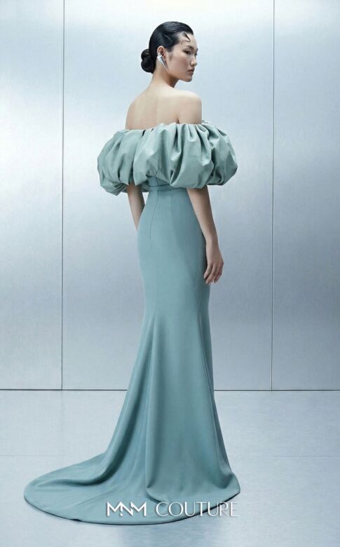 MNM Couture E0165 Puff Sleeve Mint Off-The-Shoulder Dress