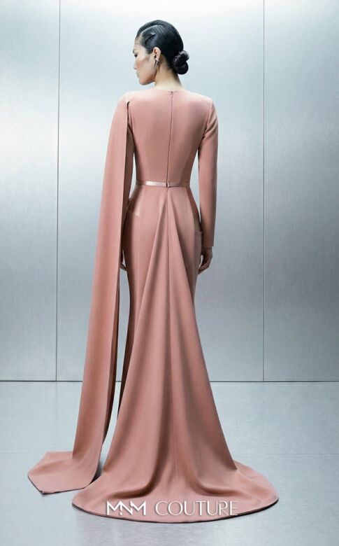 MNM Couture E0166 Cape Sleeve Drape Bodice Pink Dress
