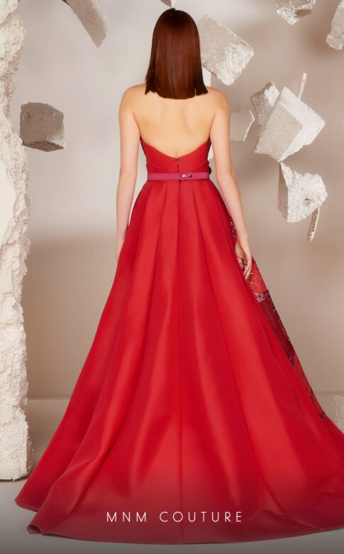 MNM Couture E0013 Floral Skirt Buckle Belt Strapless Dress