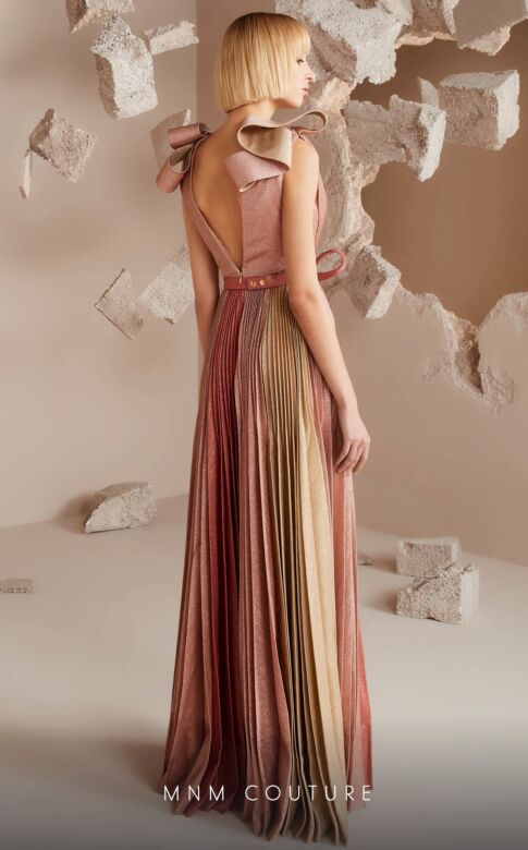 MNM Couture E0028 Pleated Skirt Plunging Neck Metallic Dress