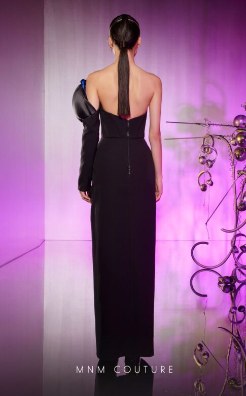 MNM Couture E0042 High Slit One Sleeve Two Tone Dress