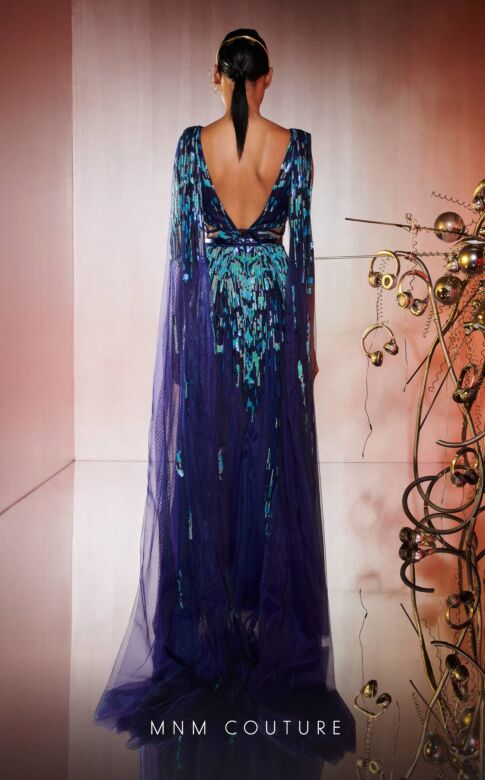 MNM Couture E0044 Double Cape Plunging Neckline Embroidered Dress
