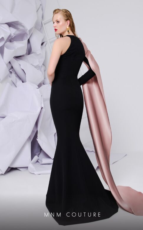 MNM Couture E0072 One Sleeve High Neck Two Tone Dress