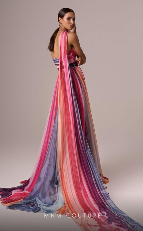 MNM Couture E0080 Attached Scarf Sweetheart Neckline Striped Dress