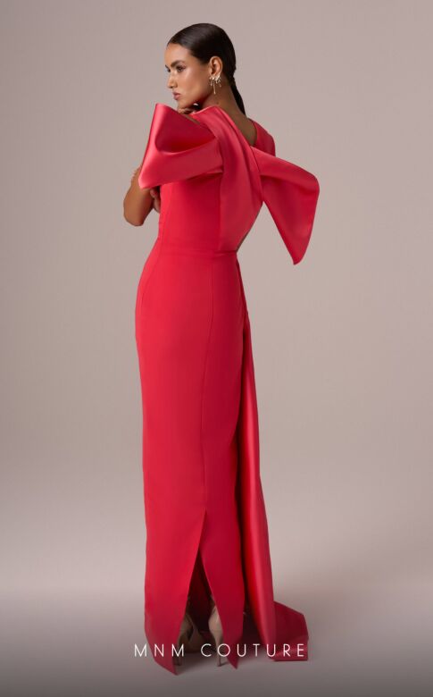 MNM Couture E0081 Bow Back Side Overskirt High Neck Dress