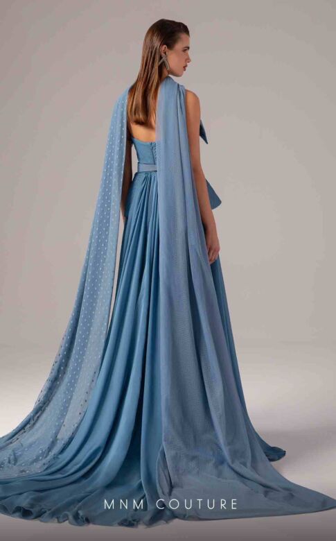 MNM Couture E0096 Panel Train Collared Neckline Peplum Dress