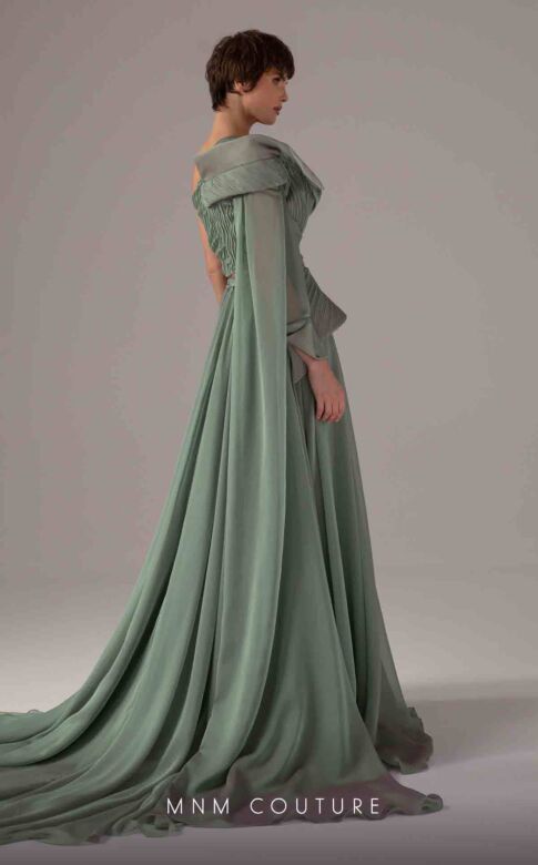 MNM Couture E0097 Cape Train One Sleeve Ruched Top Dress