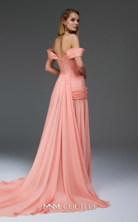 MNM Couture E0113 Overskirt A-Line Off The Shoulder Salmon Dress