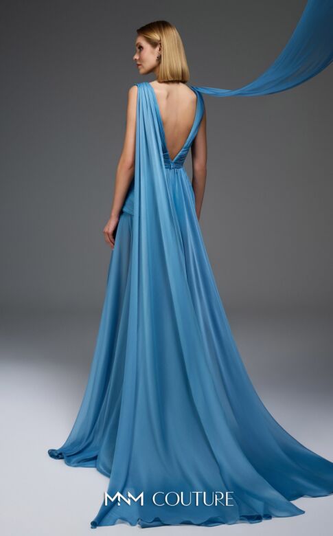 MNM Couture E0121 High Slit V-Back Peplum Blue Dress