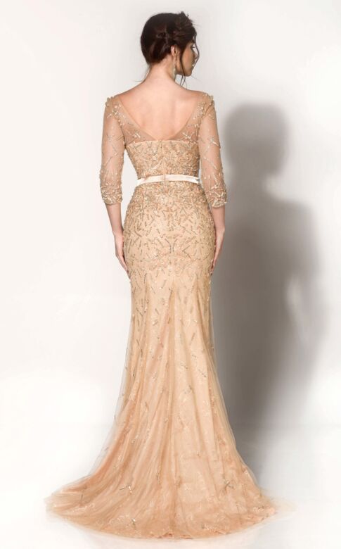 MNM Couture 0767 Three Quarter Sleeve V-Neck Beaded Dress