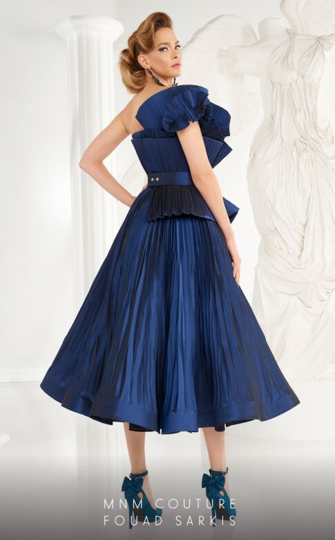 MNM Couture 2565 One Shoulder Pleated Midi Dress