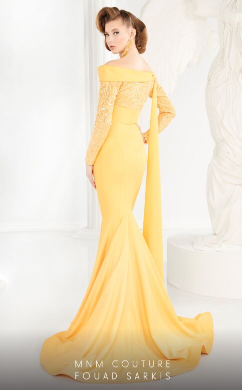 MNM Couture 2578 Asymmetrical Neckline Long Sleeve Dress