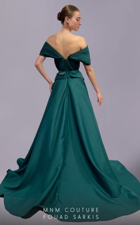 MNM Couture 2687 Pleated Top Plunging Neck Peplum Dress