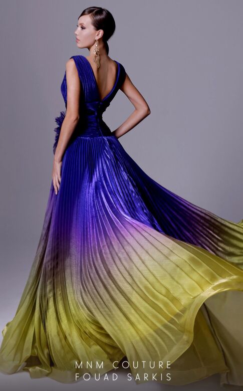 MNM Couture 2708 Floral Waist Pleated Ombre Dress