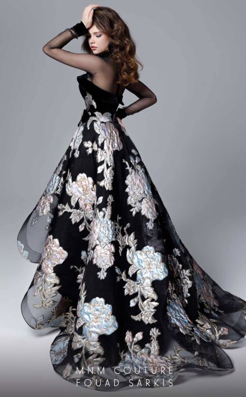 MNM Couture 2715 Illusion Top High Low Floral Dress