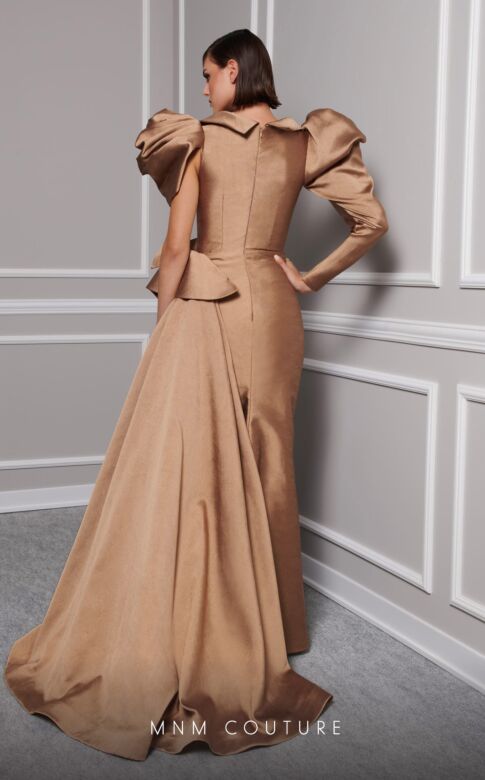 MNM Couture 2726 Collar Neck Asymmetric Puff Sleeve Dress