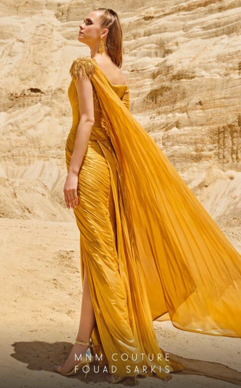 MNM Couture 2744 Panel Train One Shoulder Pleated Dress