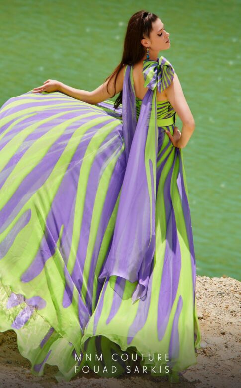 MNM Couture 2749 High Slit Cross Halter Striped Dress