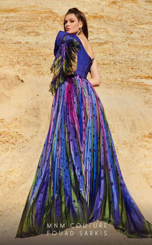 MNM Couture 2783 Pleated Overskirt One Shoulder Print Dress