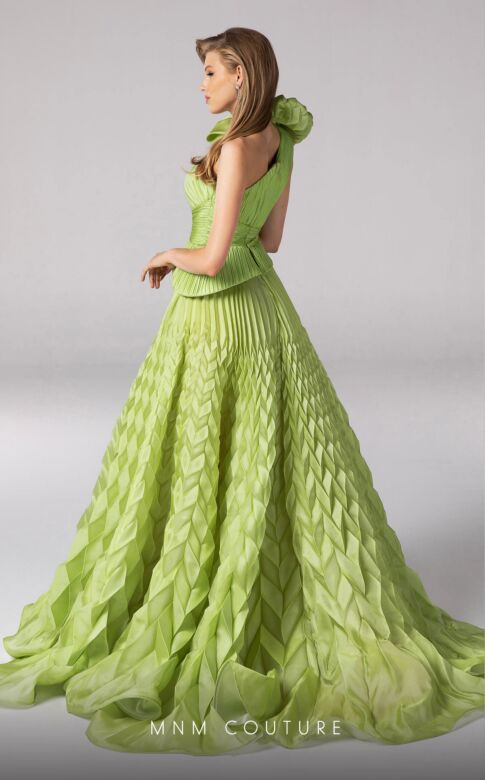 MNM Couture 2799 Ruffle Shoulder Asymmetric Pleated Dress