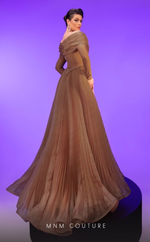 MNM Couture F02800 Pleated Overskirt Off The Shoulder Dress
