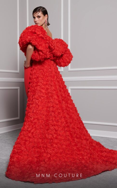 MNM Couture F02821 Rosette Cape Plunging Neck Dress