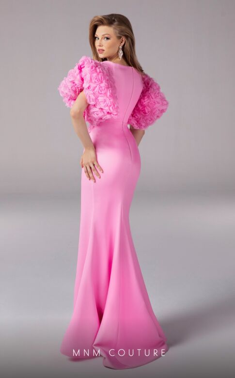 MNM Couture F02824 Rosette Sleeve Plunging Neck Dress