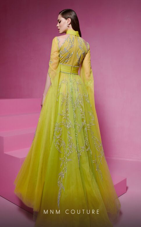 MNM Couture F02844 Brooch Neck Cape Sleeve A-Line Dress