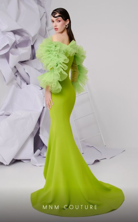 MNM Couture F02850 Ruffle Off-The-Shoulder Long Sleeve Dress