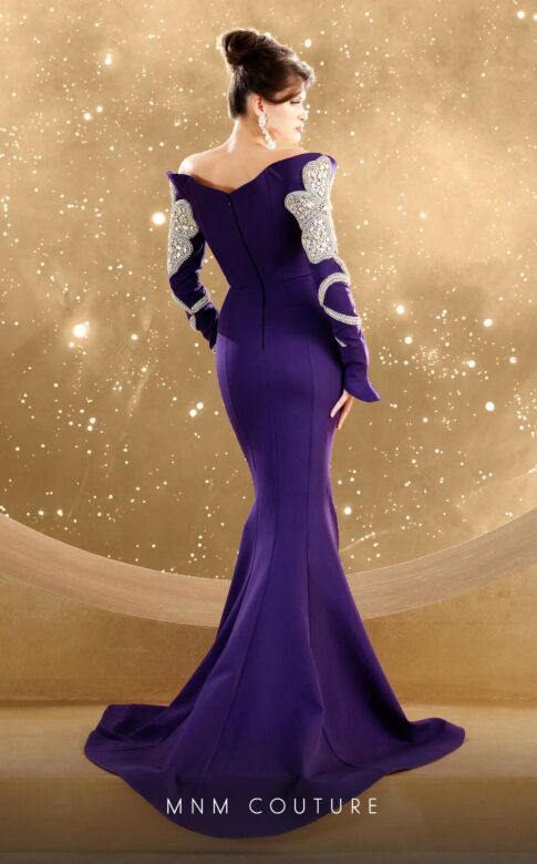 MNM Couture F02858 Beaded Sleeve Off-The-Shoulder Mermaid Dress
