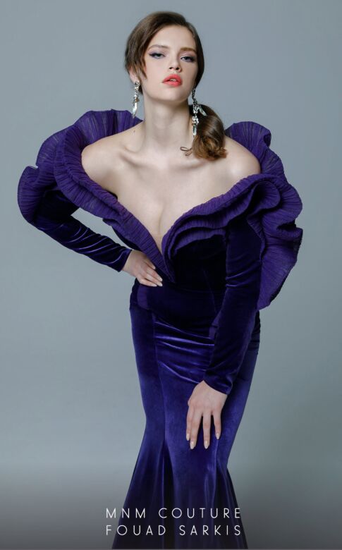 MNM Couture 2716 Ruffle Neck Velvet Mermaid Dress