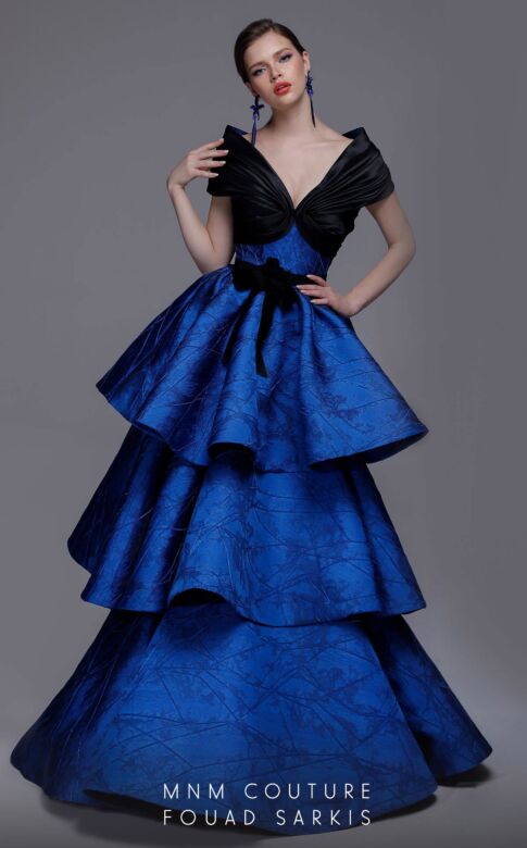 MNM Couture 2737 Ruched V-Neck Tiered Skirt Jacquard Dress