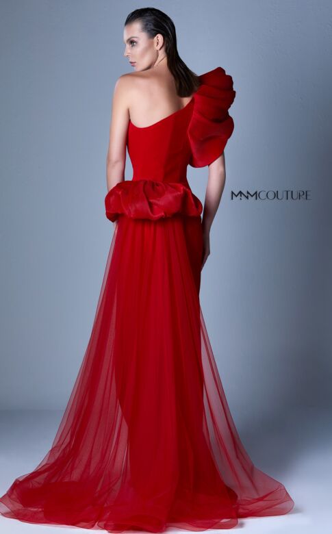 MNM Couture G1096 Side Tail Puff Sleeve One Shoulder Dress