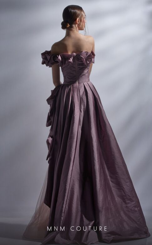 MNM Couture G1257 Ruffle Neckline One Sleeve Dress
