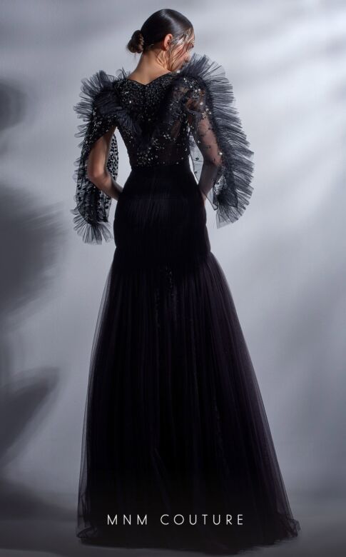 MNM Couture G1275 Hanging Sleeve Illusion Ruffle Top Dress