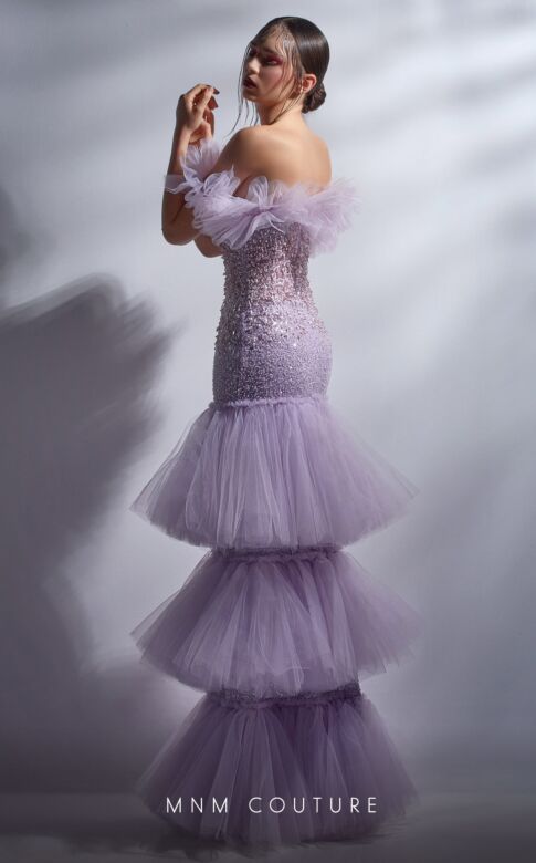 MNM Couture G1278 Layered Skirt Off The Shoulder Ruffle Dress