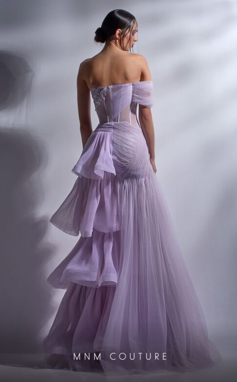 MNM Couture G1282 Layered Skirt One Sleeve Corset Dress
