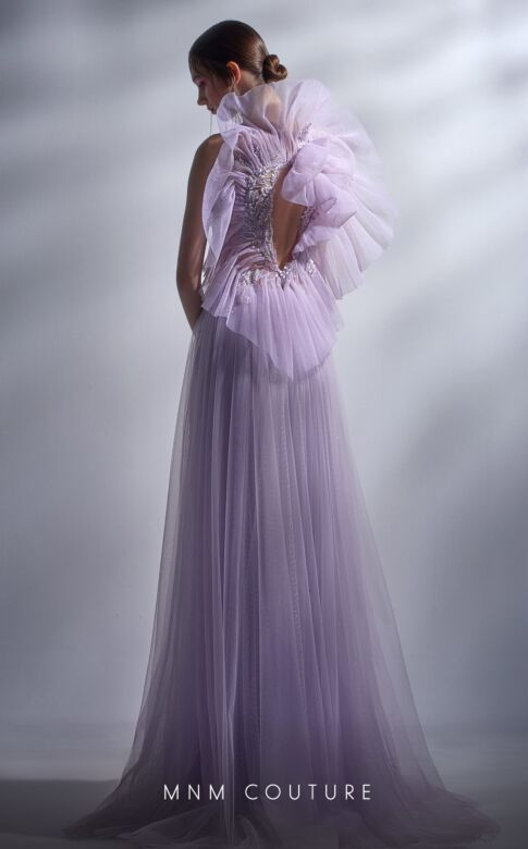 MNM Couture G1284 Illusion Bodice High Slit Ruffle Dress