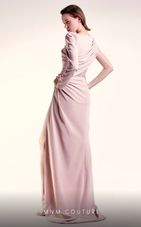 MNM Couture G1408 High Slit One Sleeve Draped Dress