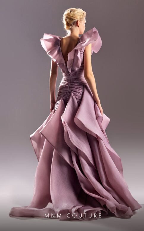 MNM Couture G1504 Ruffle Skirt Plunging Neckline Ruched Dress