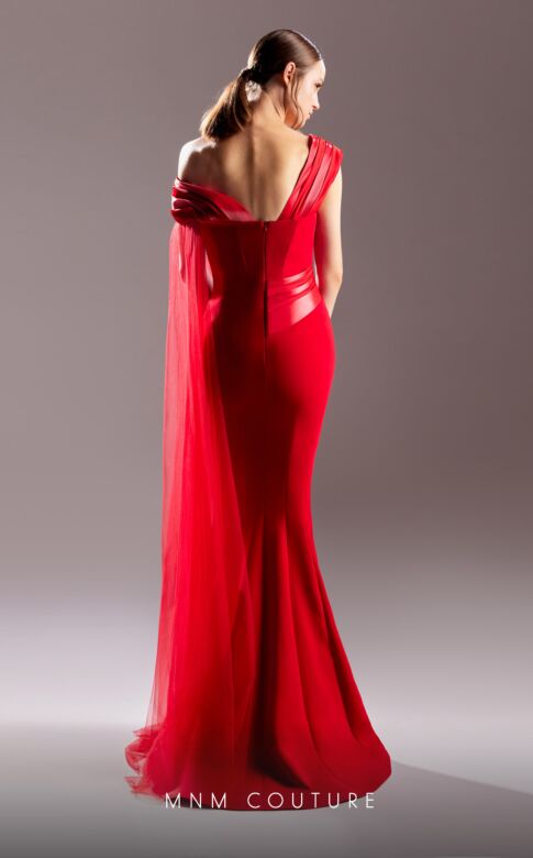 MNM Couture G1505 Hanging Sleeve Asymmetrical Neckline Dress
